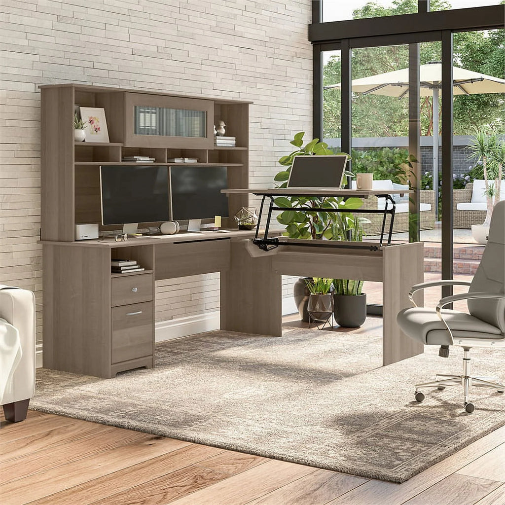 72W Sit to Stand L Desk with Hutch in Ash Gray Engineered Wood V350