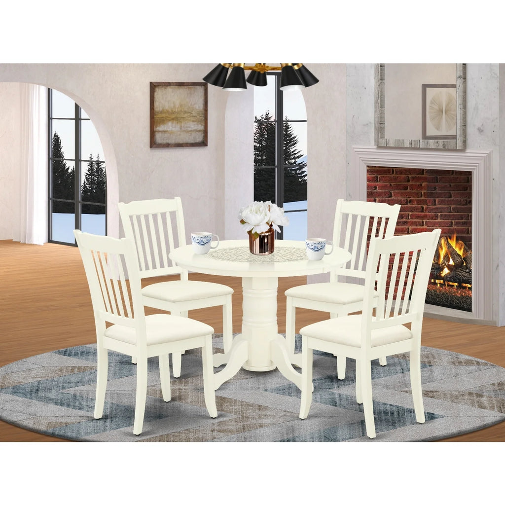 5 Pc Round Dining Table and 4 Linen Seat Chairs White M2310