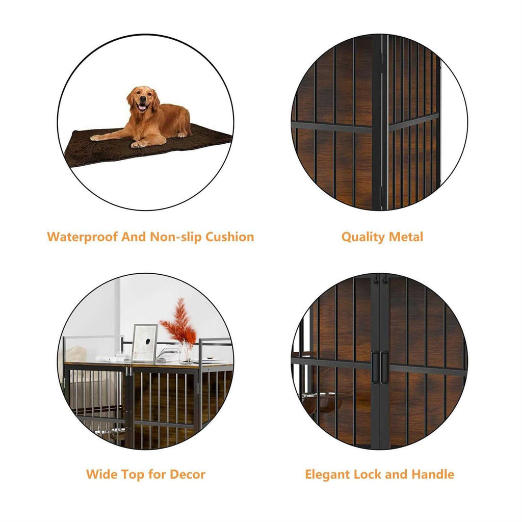 Large Dog Crate with Adjustable Raised Feeder and 2 Stainless Steel Bowls J518