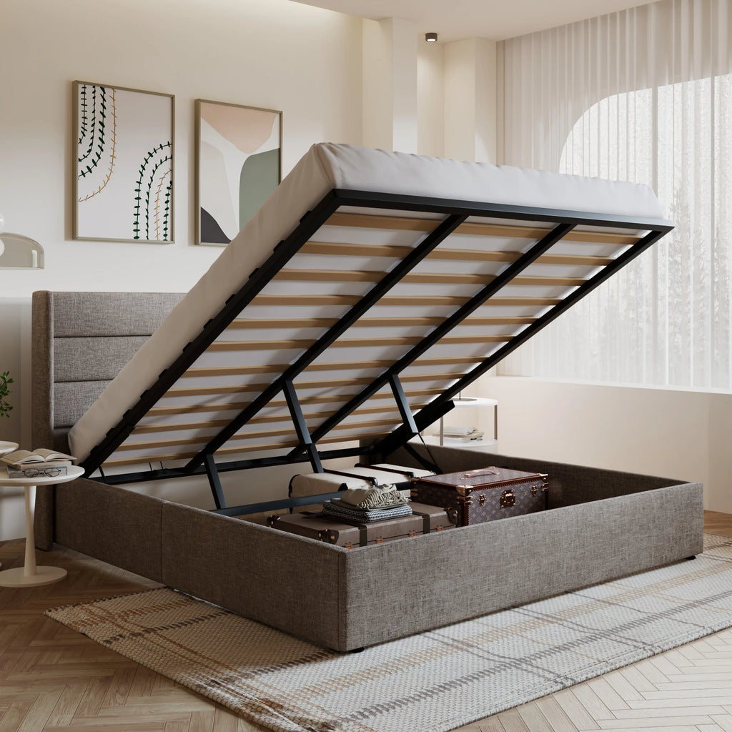 King Size Upholstered Lift up Storage Platform Bed Frame with Wingback Headboard, Beige E994121