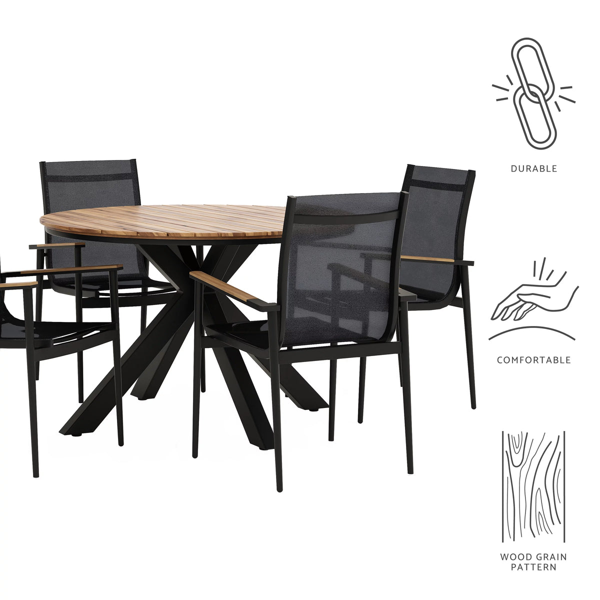 Black and Teak 5 Piece Mesh and Acacia Wood Dining Set E9996