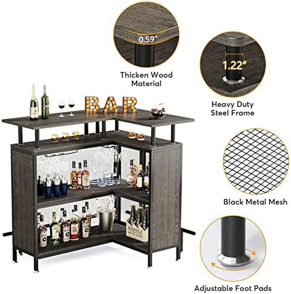 L-Shaped Liquor Table with Stemware Racks and 2-Tier Shelves Black H867118