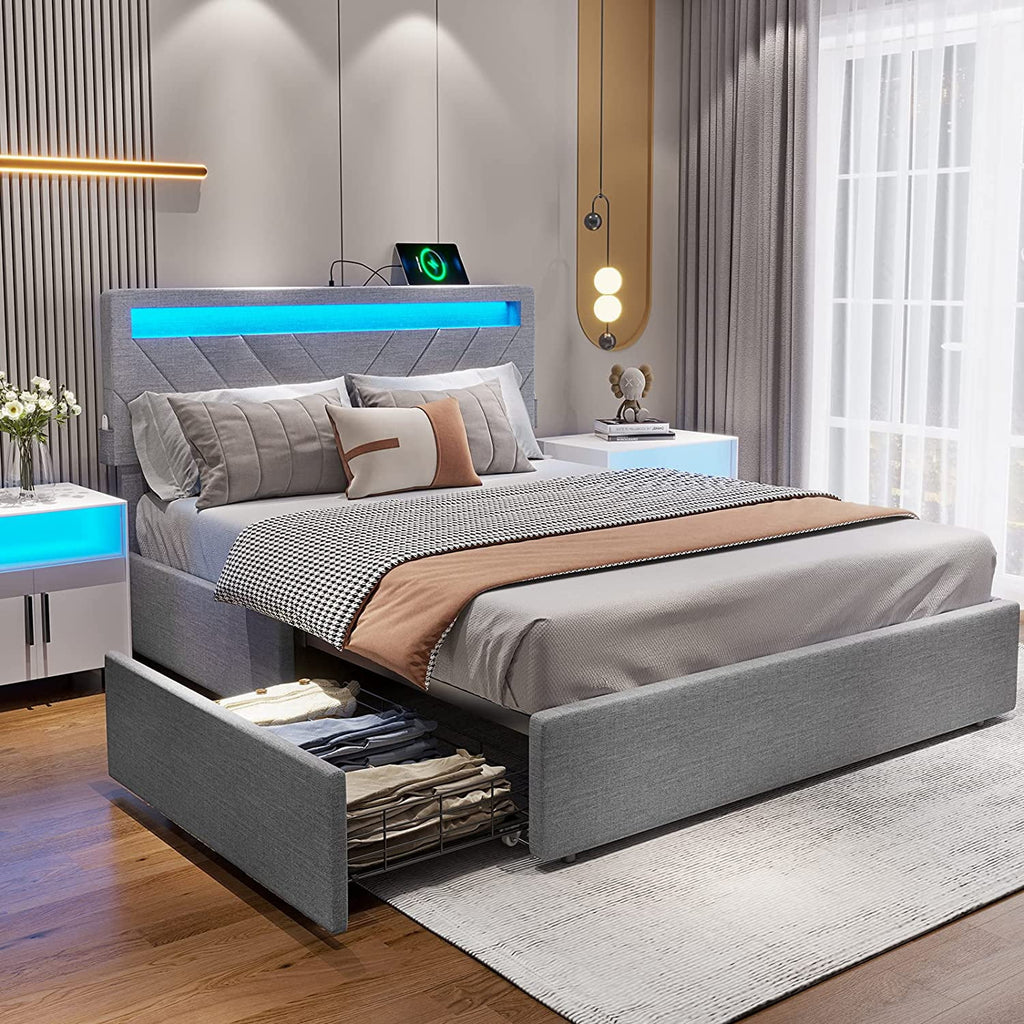 Full Bed Frame with LED Lights Headboard, USB Charging Station and 4 Drawers J956371