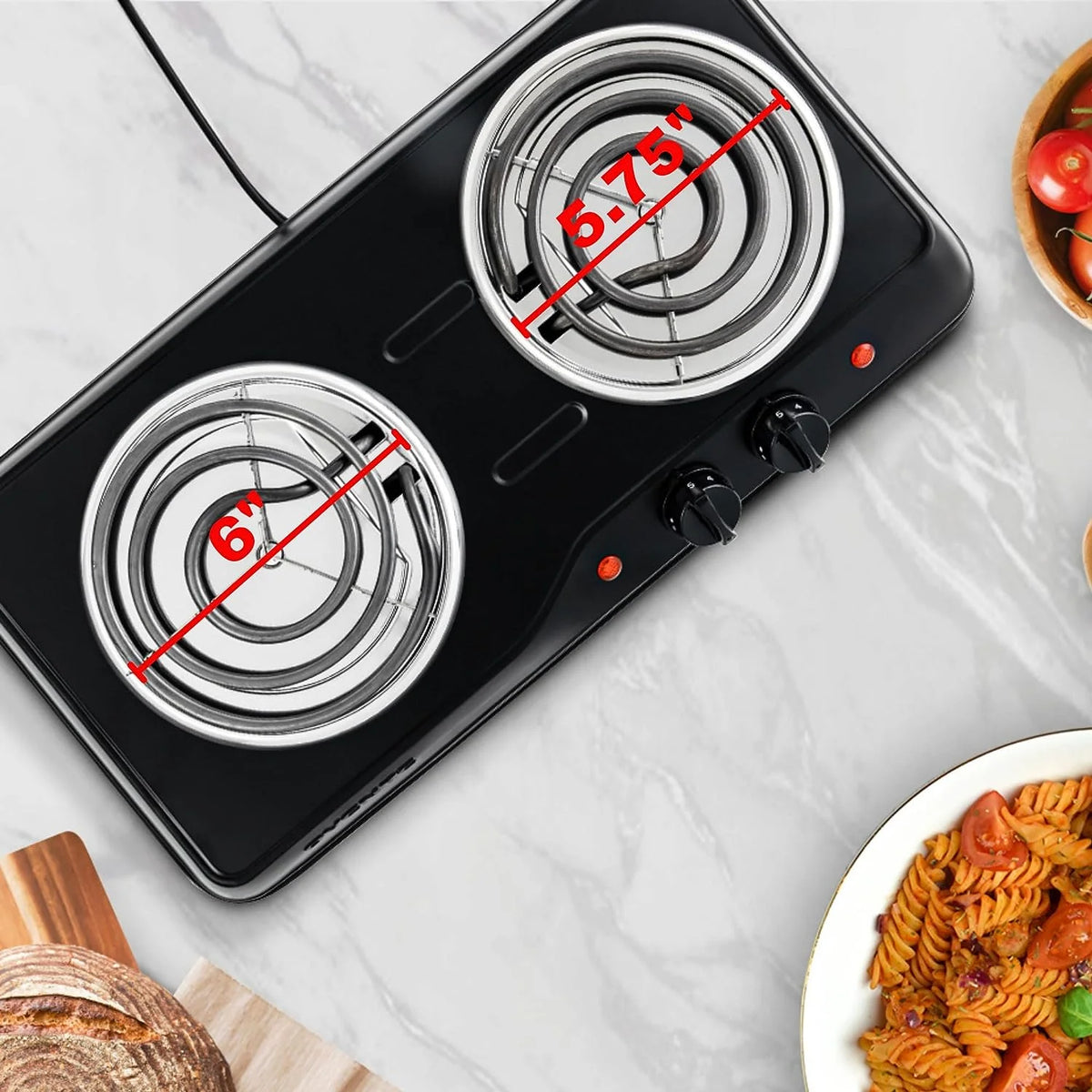 Electric Countertop Double Burner 1700W Stainless Steel Coil Black T700114