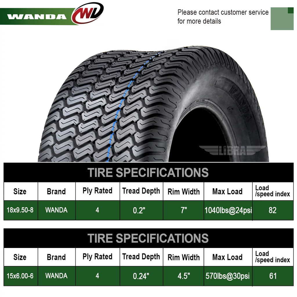 Set of 4 Lawn Mower Turf Tires 15x6-6 Front & 18x9.5-8 Rear M937427
