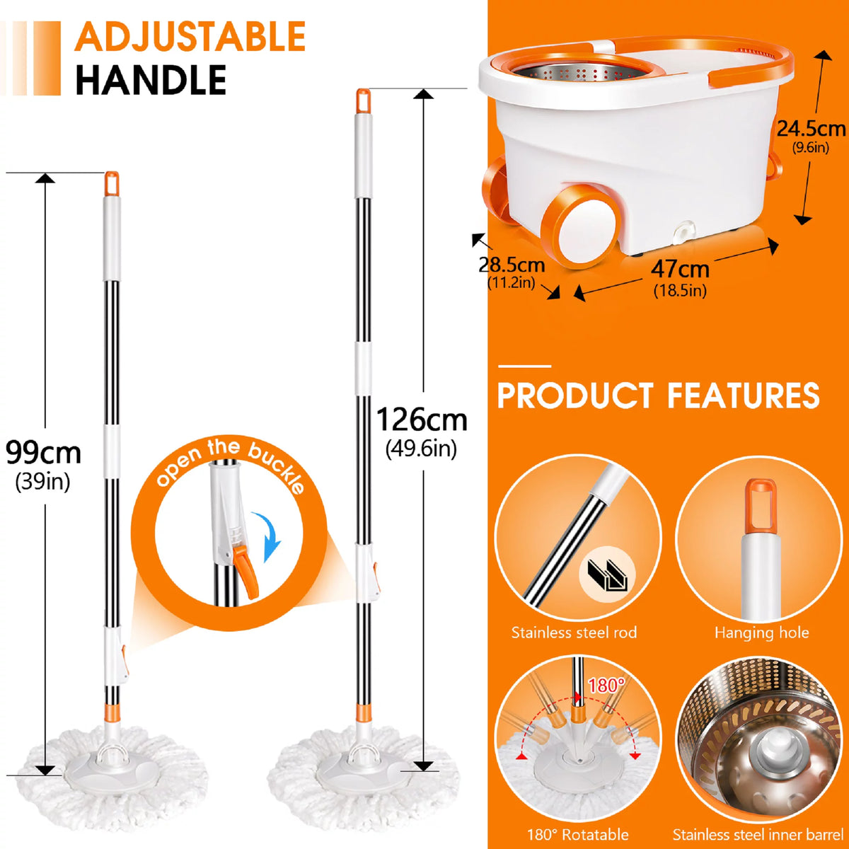 Spin Mop and Bucket System with Wringer Set, 6 Microfiber Mop Heads N167
