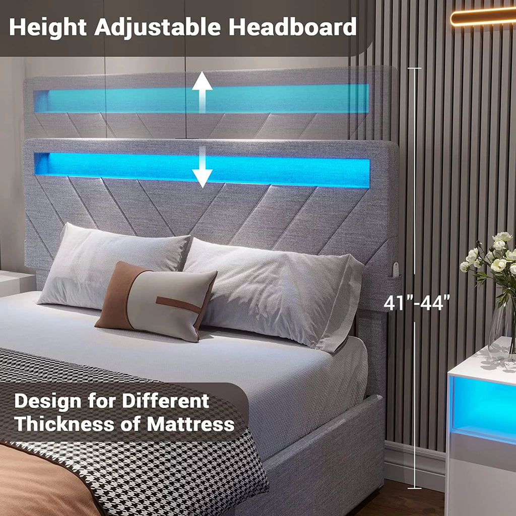 Full Bed Frame with LED Lights Headboard, USB Charging Station and 4 Drawers J956371
