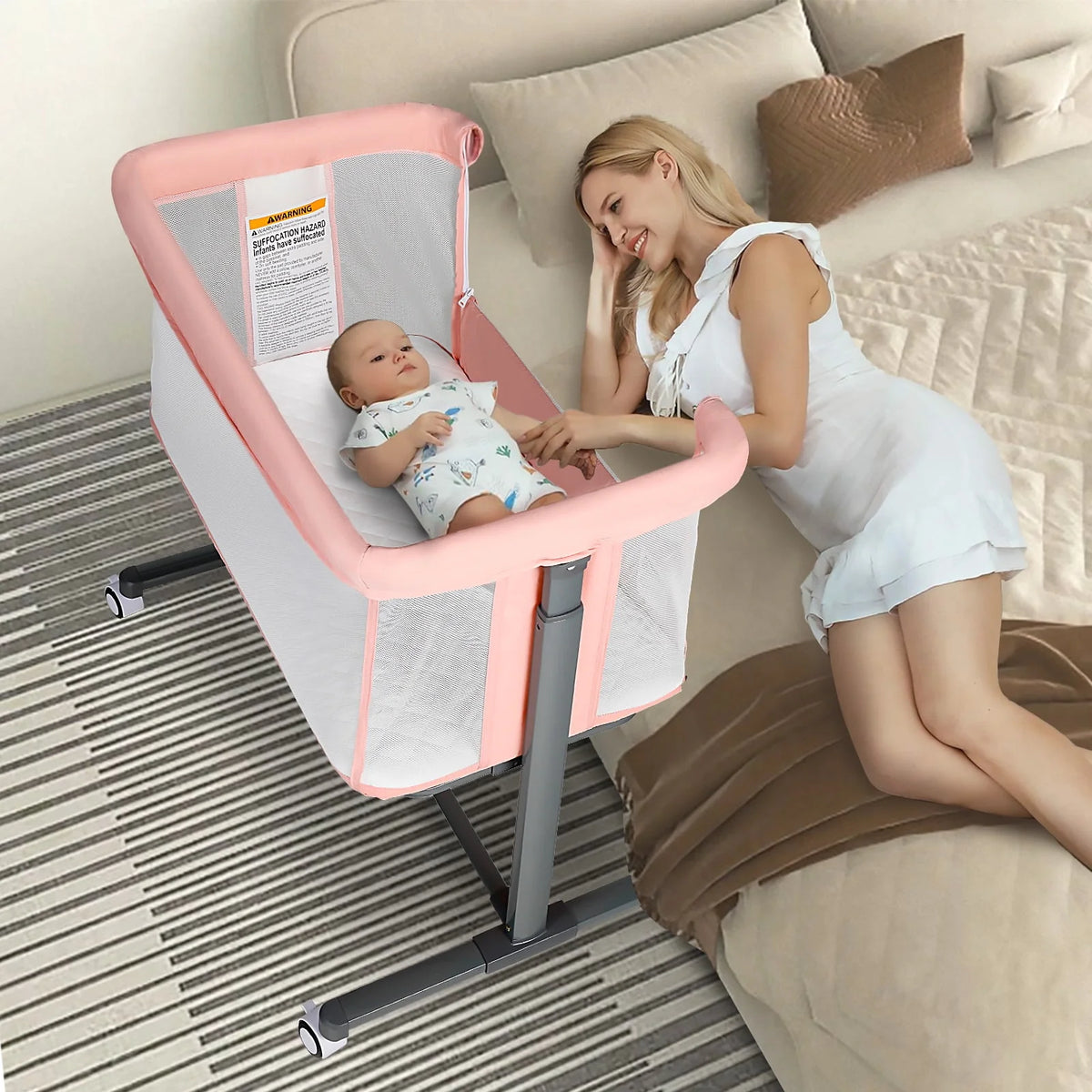Baby Bassinet with Wheels Adjustable Bedside Sleeper Grey G125