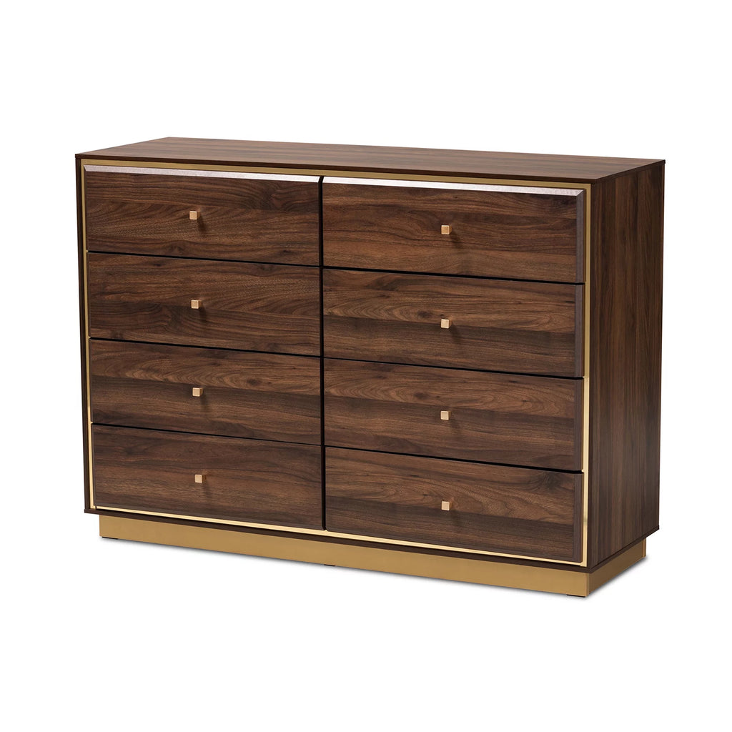 Walnut Brown Wood and Gold Metal 8-Drawer Dresser Q15883
