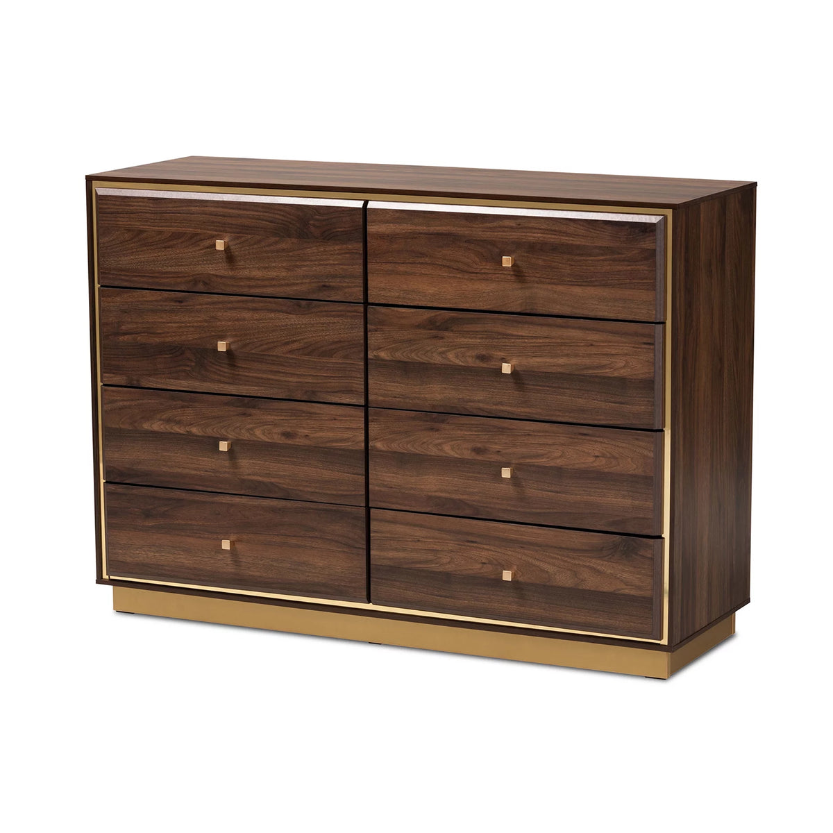 Walnut Brown Wood and Gold Metal 8-Drawer Dresser Q15883
