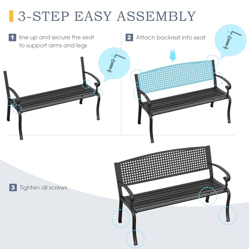50” Long Black Metal Garden Bench with Backrest and Armrests K6118