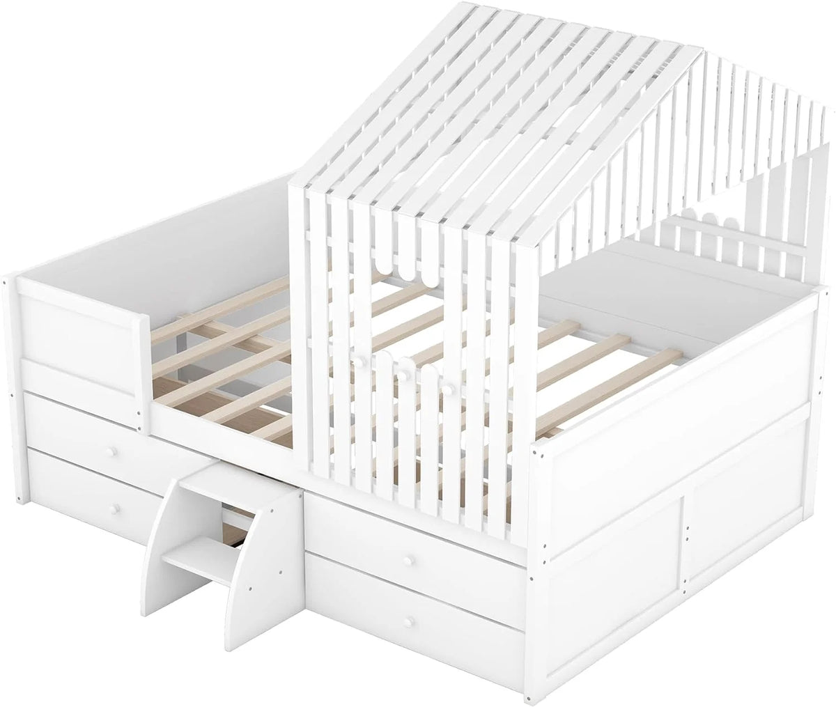 White Full Size Wood House Bed with 4 Drawers X615