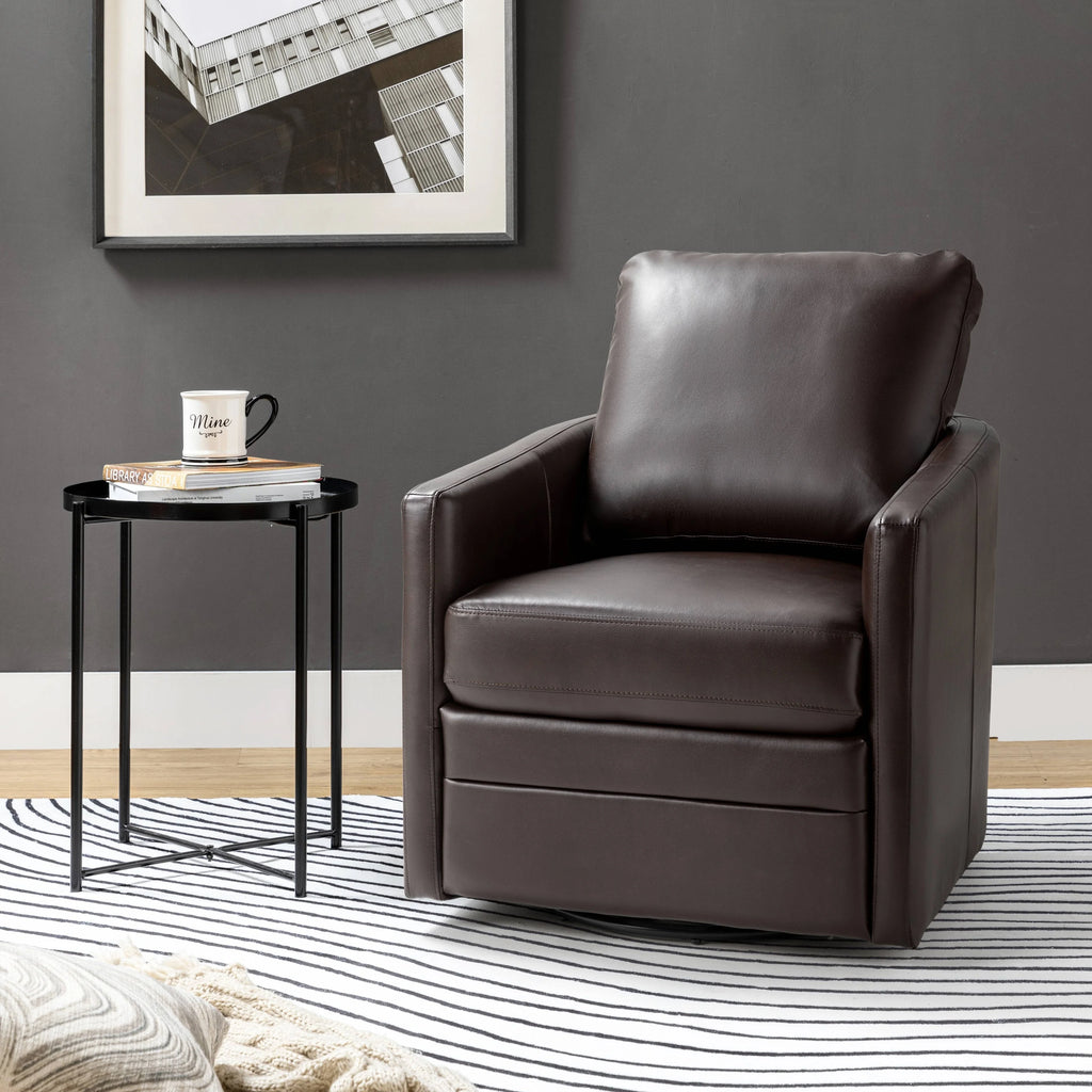 Brown Faux Leather Swivel Barrel Accent Chair with Metal Base R78135