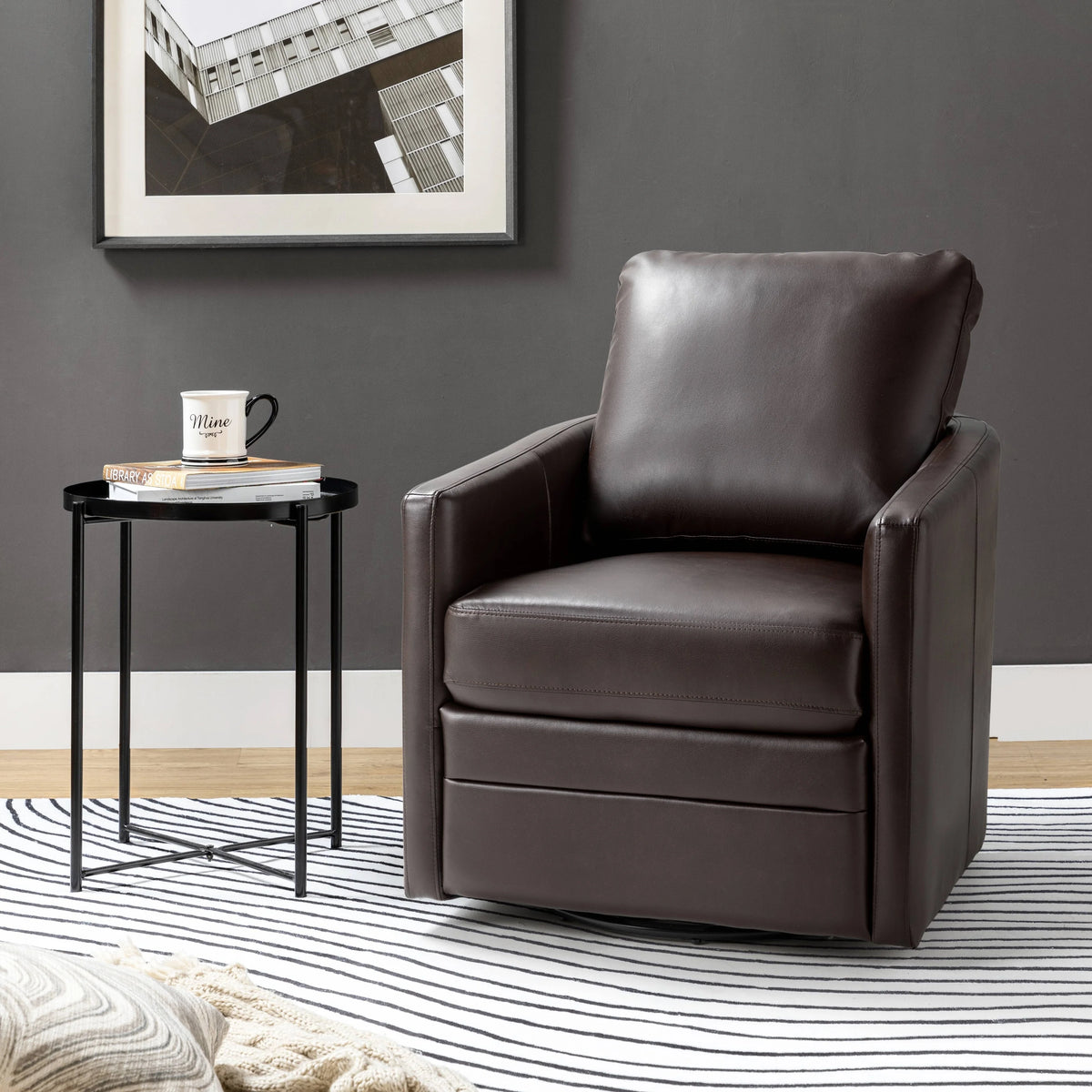 Brown Faux Leather Swivel Barrel Accent Chair with Metal Base R78135