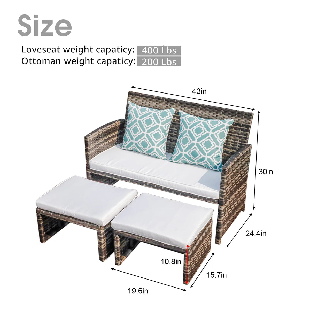 Wicker Rattan Loveseat Chairs with Ottomans P133