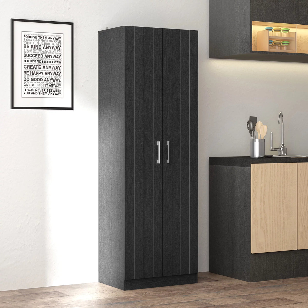 Black Oak Wood Kitchen Pantry with 2 Doors and 4 Shelves O12080
