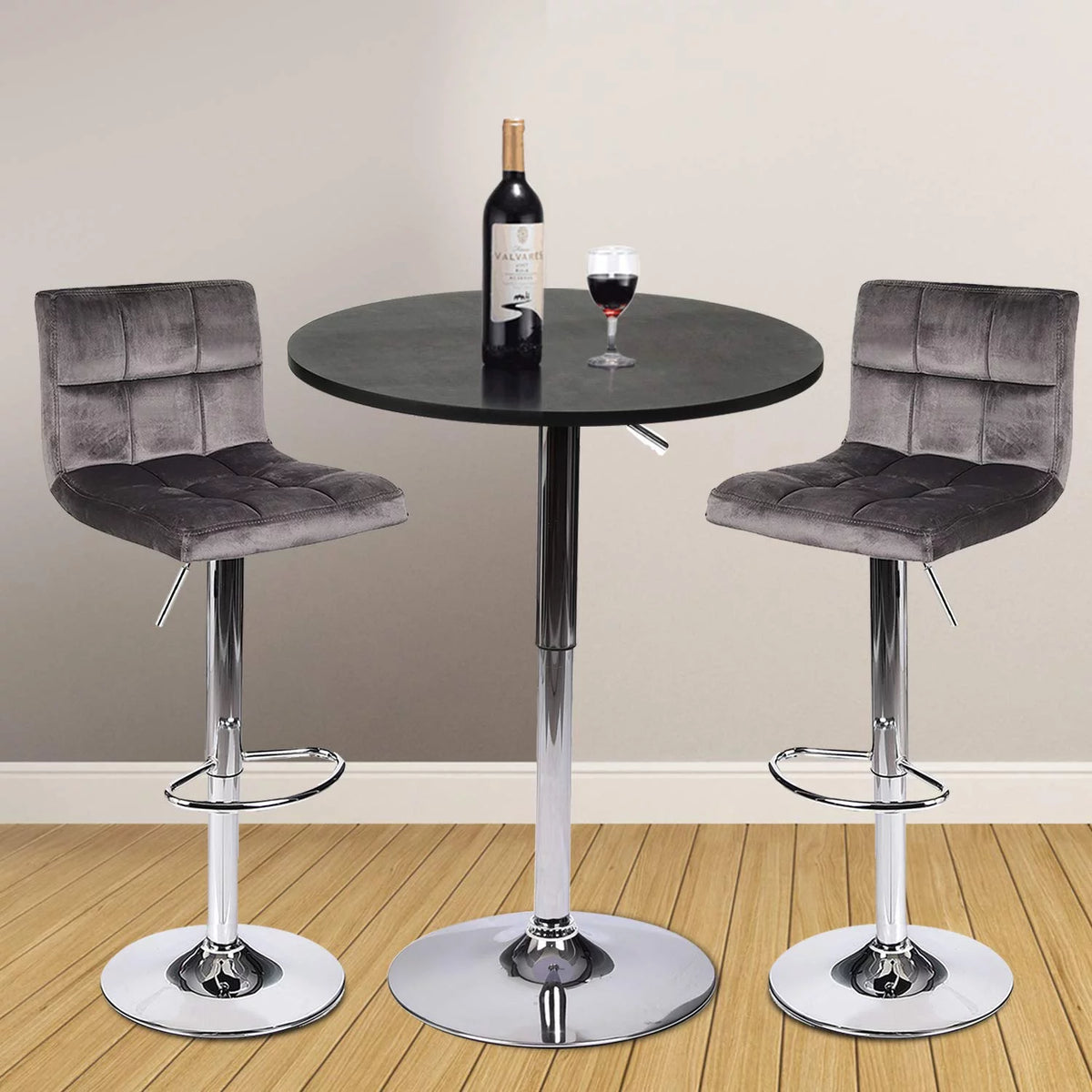 Set of 2 Gray Velvet Adjustable Swivel Bar Stool S94593