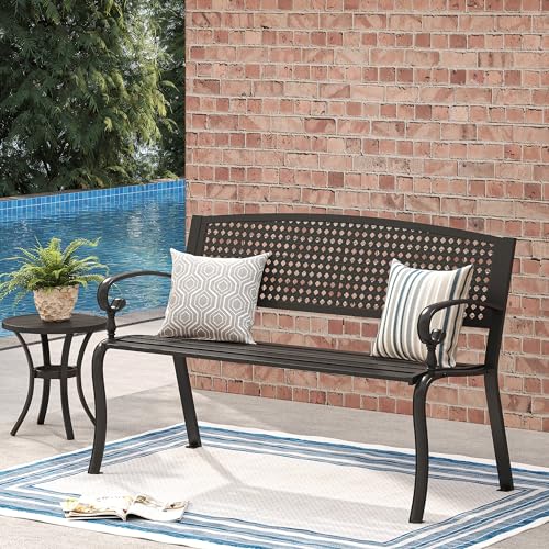 50” Long Black Metal Garden Bench with Backrest and Armrests K6118