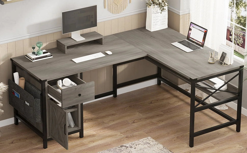 L Shaped Office Desk with Drawer and Storage Cabinet X8893