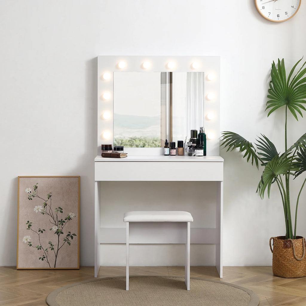 White Vanity Table with Lighted Mirror and Stool Y399362