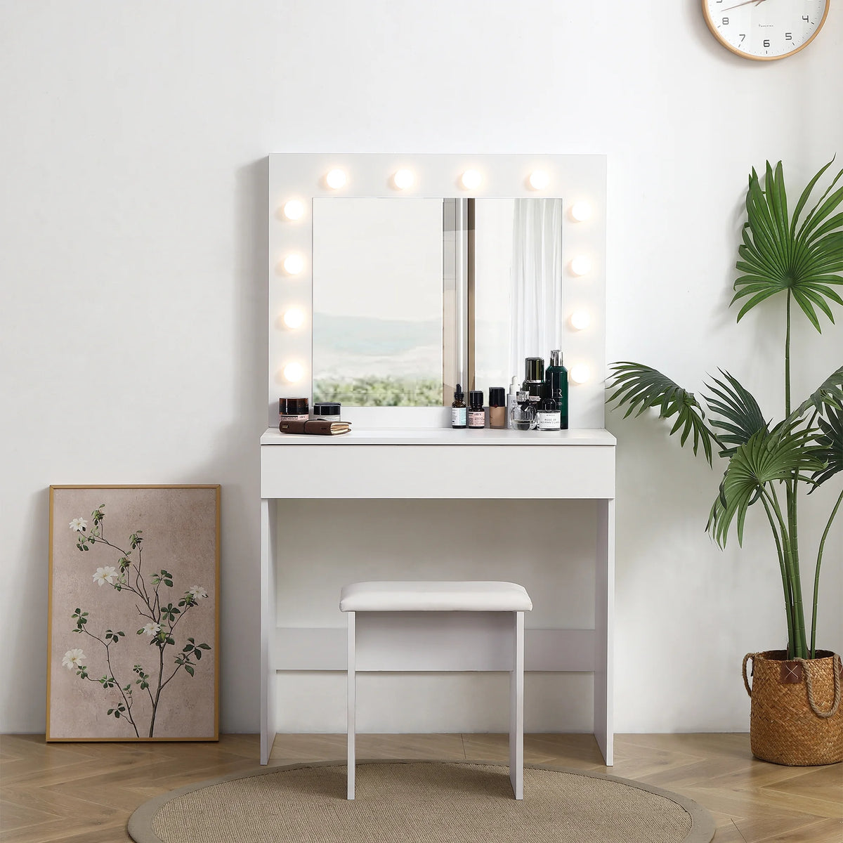 White Vanity Table with Lighted Mirror and Stool Y399362