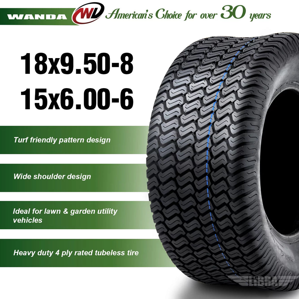Set of 4 Lawn Mower Turf Tires 15x6-6 Front & 18x9.5-8 Rear M937427