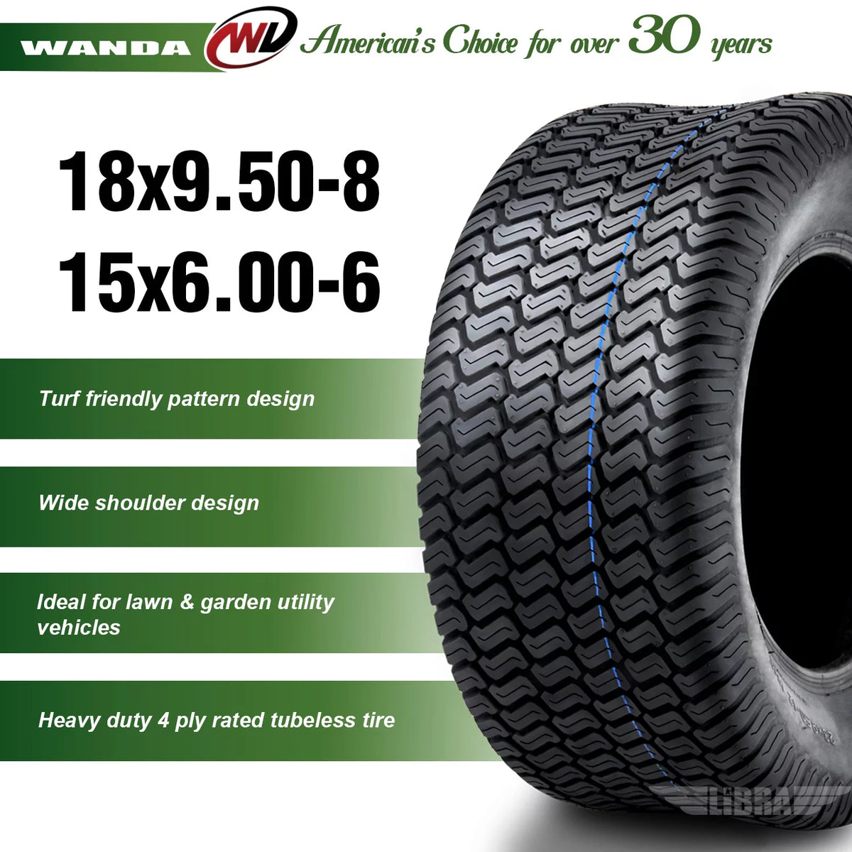 Set of 4 Lawn Mower Turf Tires 15x6-6 Front & 18x9.5-8 Rear M937427