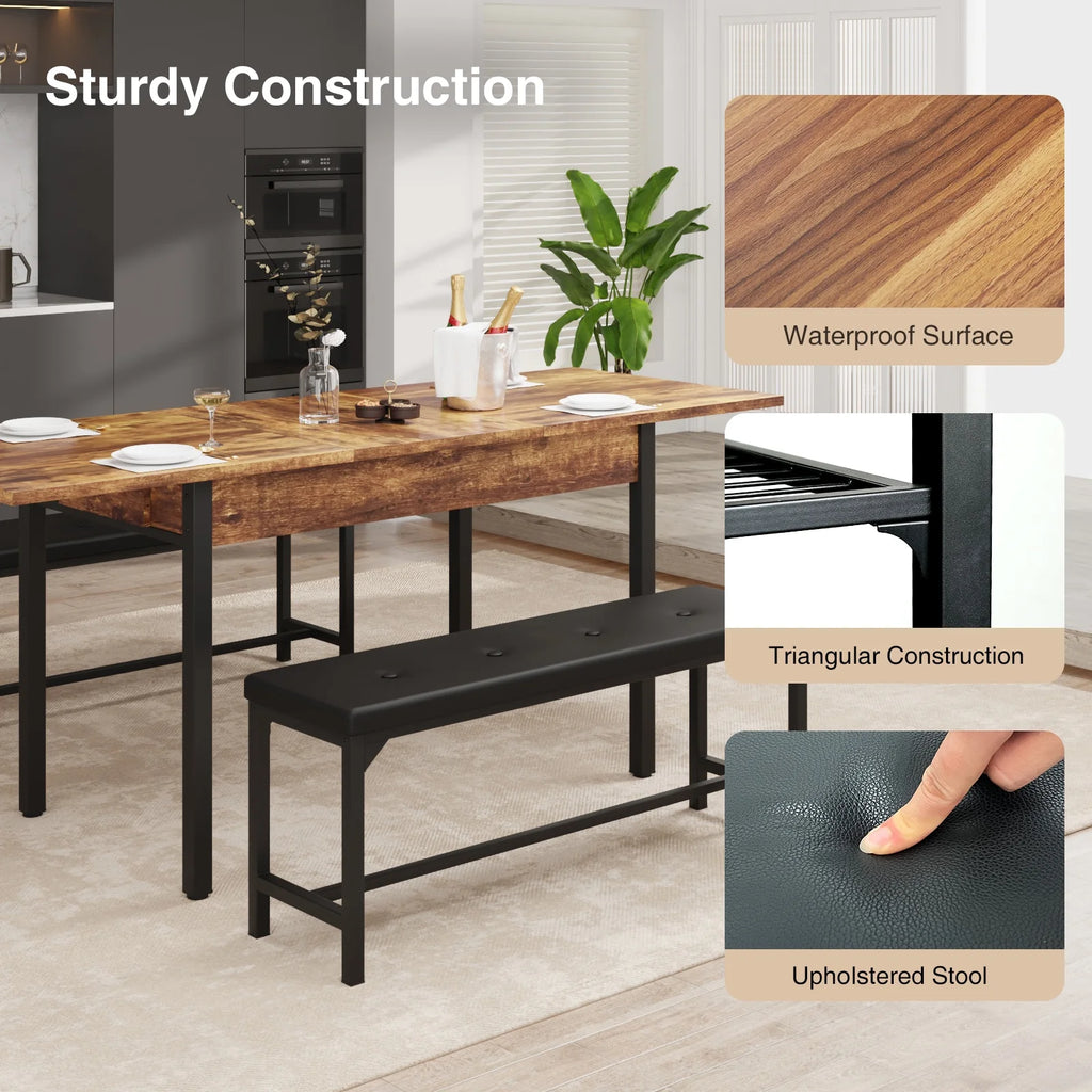 3-Piece Extendable Dining Table Set with Drawer and 2 Upholstered Benches D13119