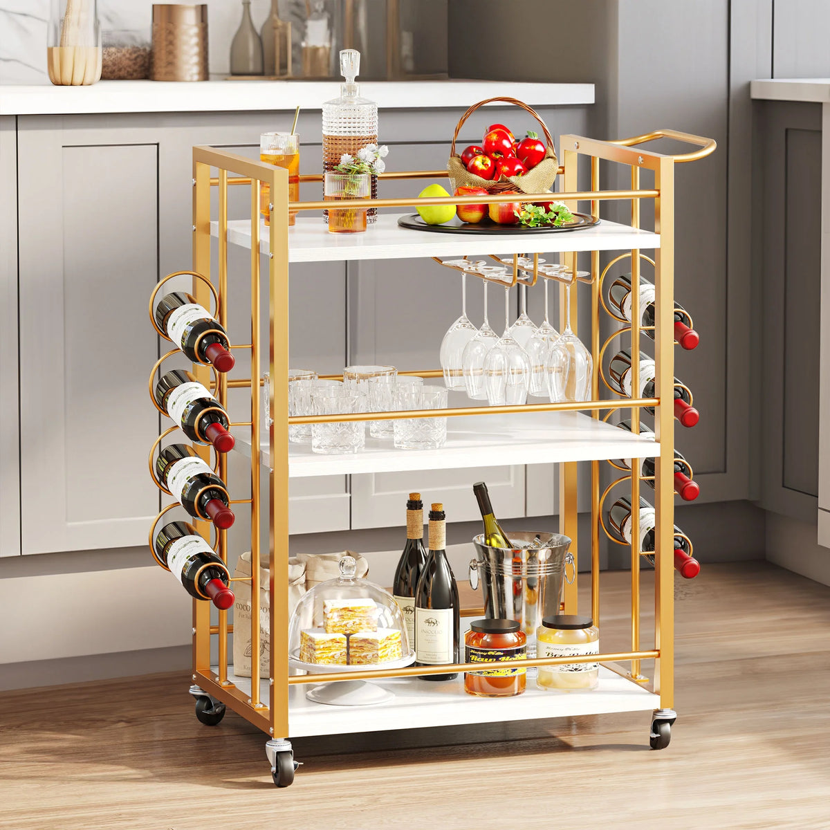 Wine Bar Cart with Wine Rack and Glass Holders B3498