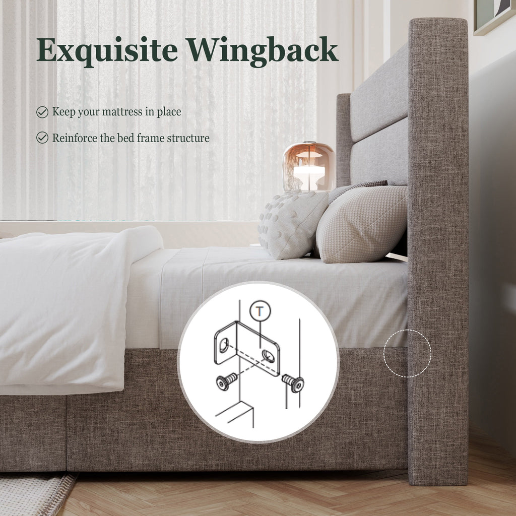 King Size Upholstered Lift up Storage Platform Bed Frame with Wingback Headboard, Beige E994121