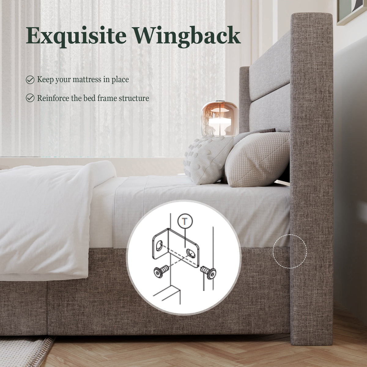 King Size Upholstered Lift up Storage Platform Bed Frame with Wingback Headboard, Beige E994121