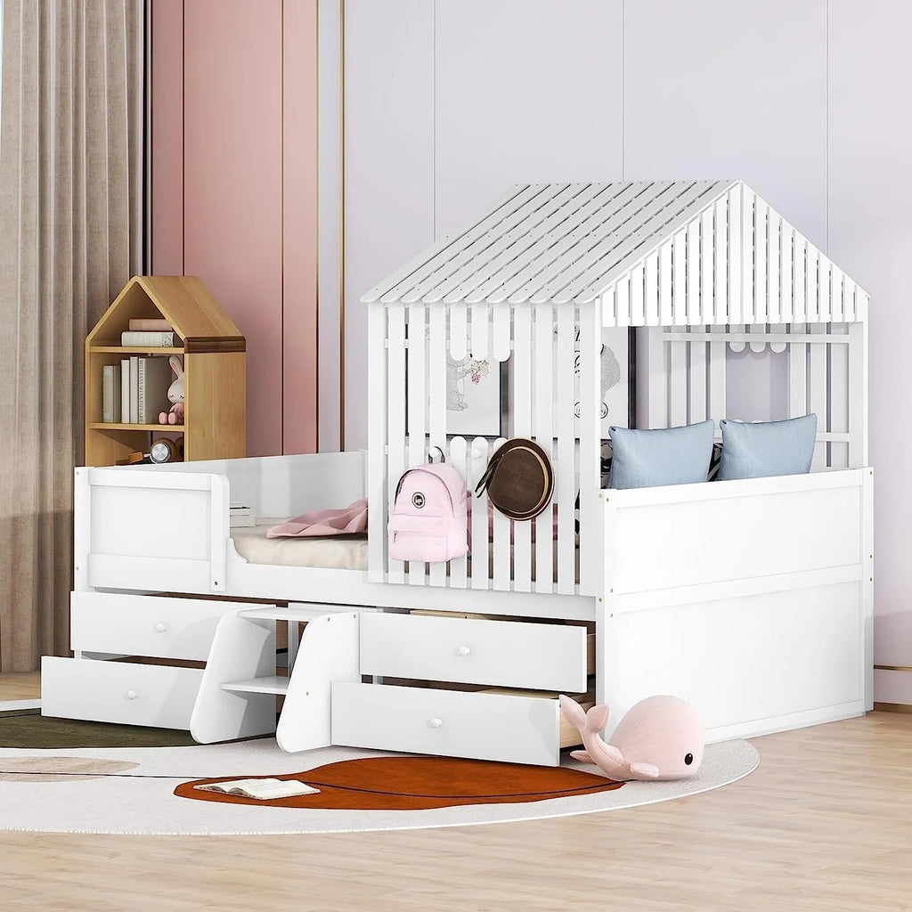 White Full Size Wood House Bed with 4 Drawers X615