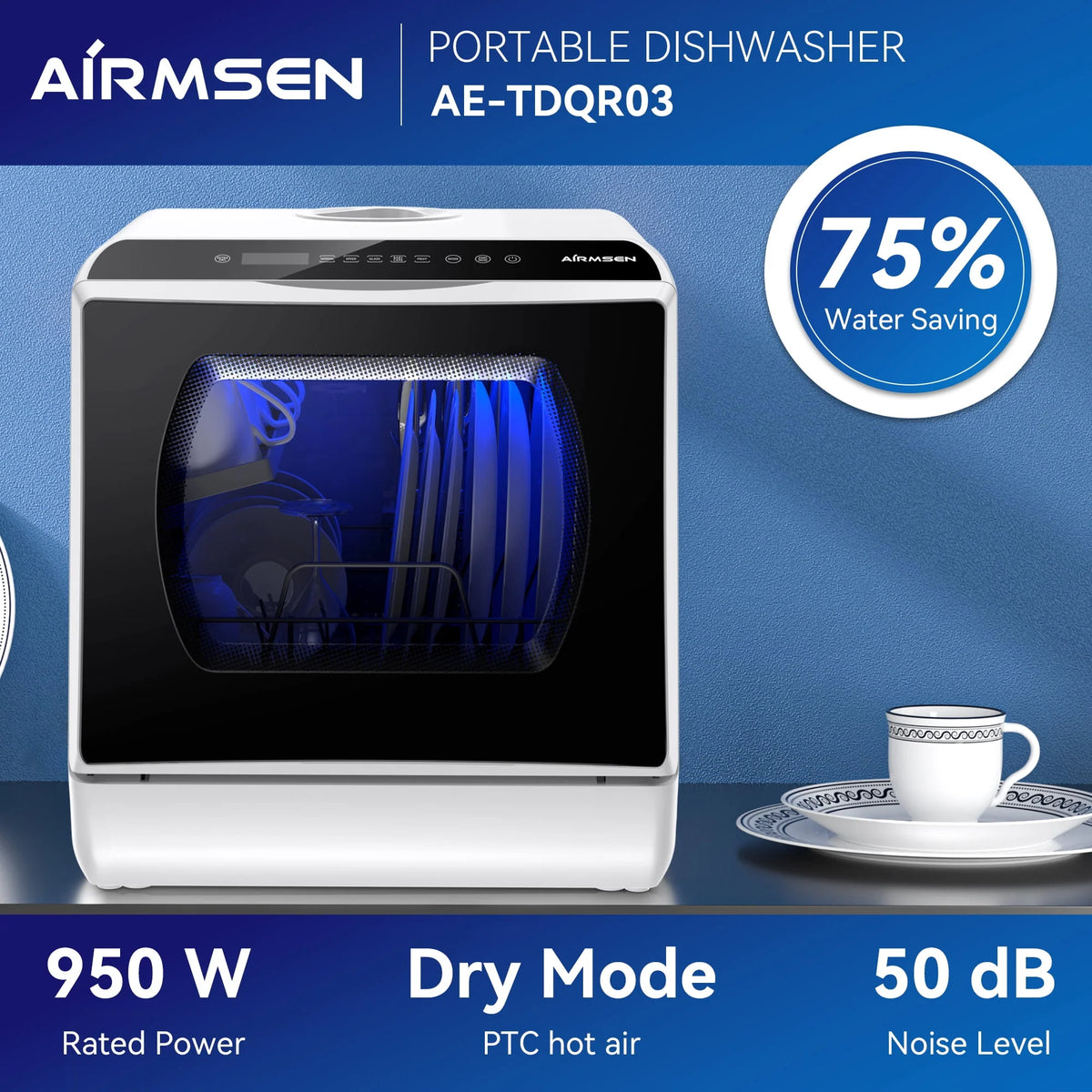 Portable Countertop Dishwasher with 5L Built-in Water Tank, 5 Place Settings, 7 Programs, White E237885
