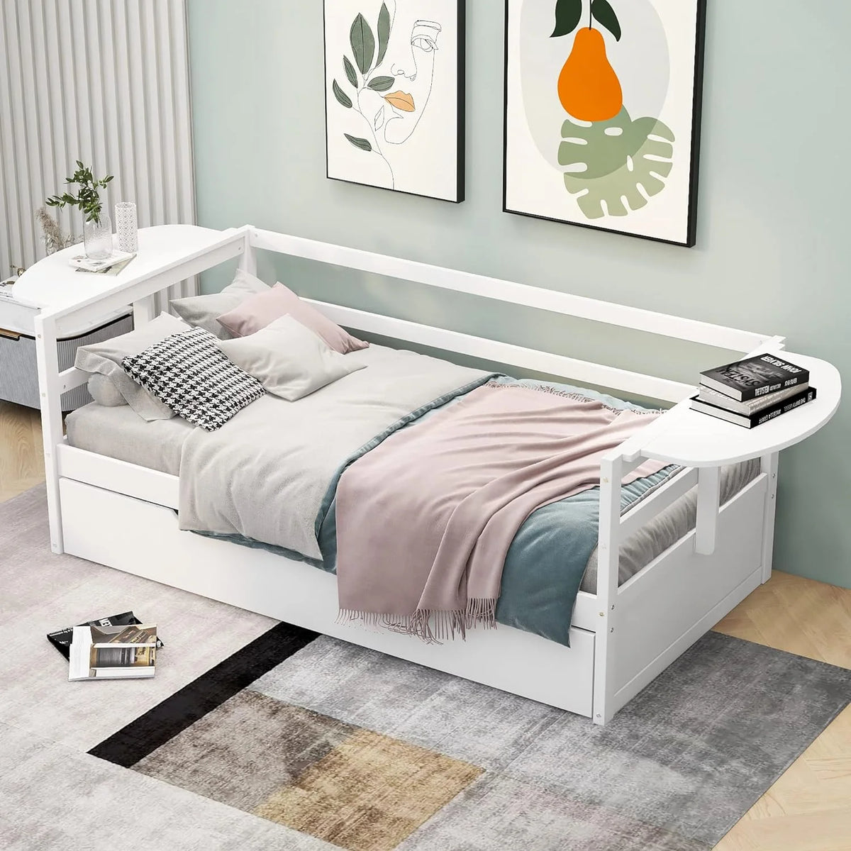 White Solid Wood Daybed with Trundle J525