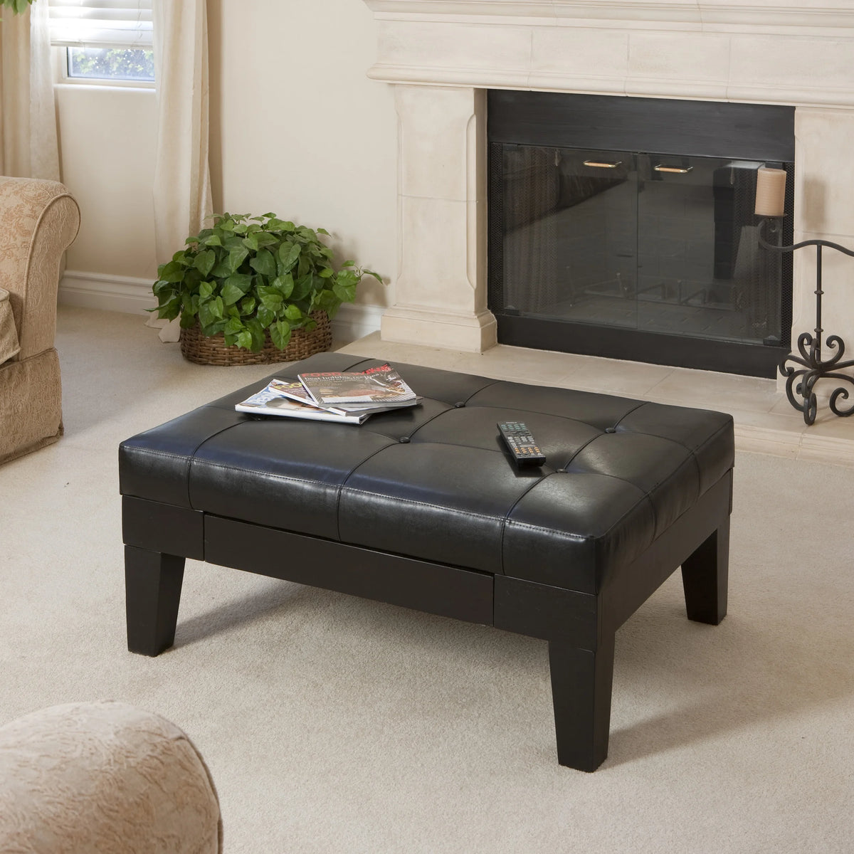 Black and Dark Brown Bonded Leather Tufted Ottoman T128748
