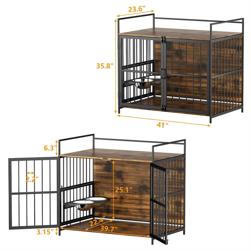 Large Dog Crate with Adjustable Raised Feeder and 2 Stainless Steel Bowls J518