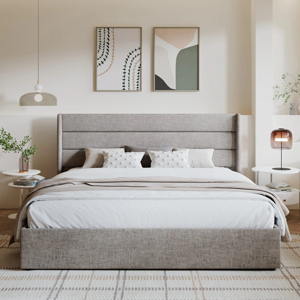 King Size Upholstered Lift up Storage Platform Bed Frame with Wingback Headboard, Beige E994121