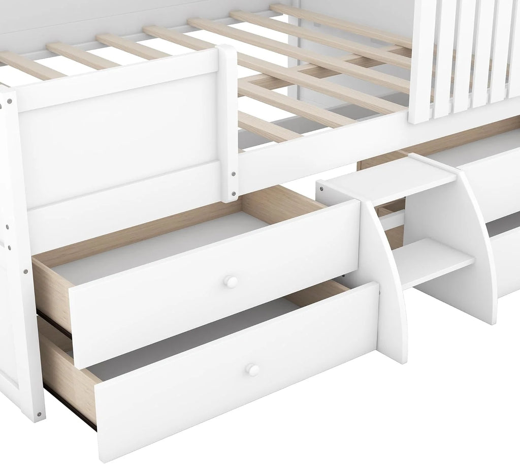 White Full Size Wood House Bed with 4 Drawers X615