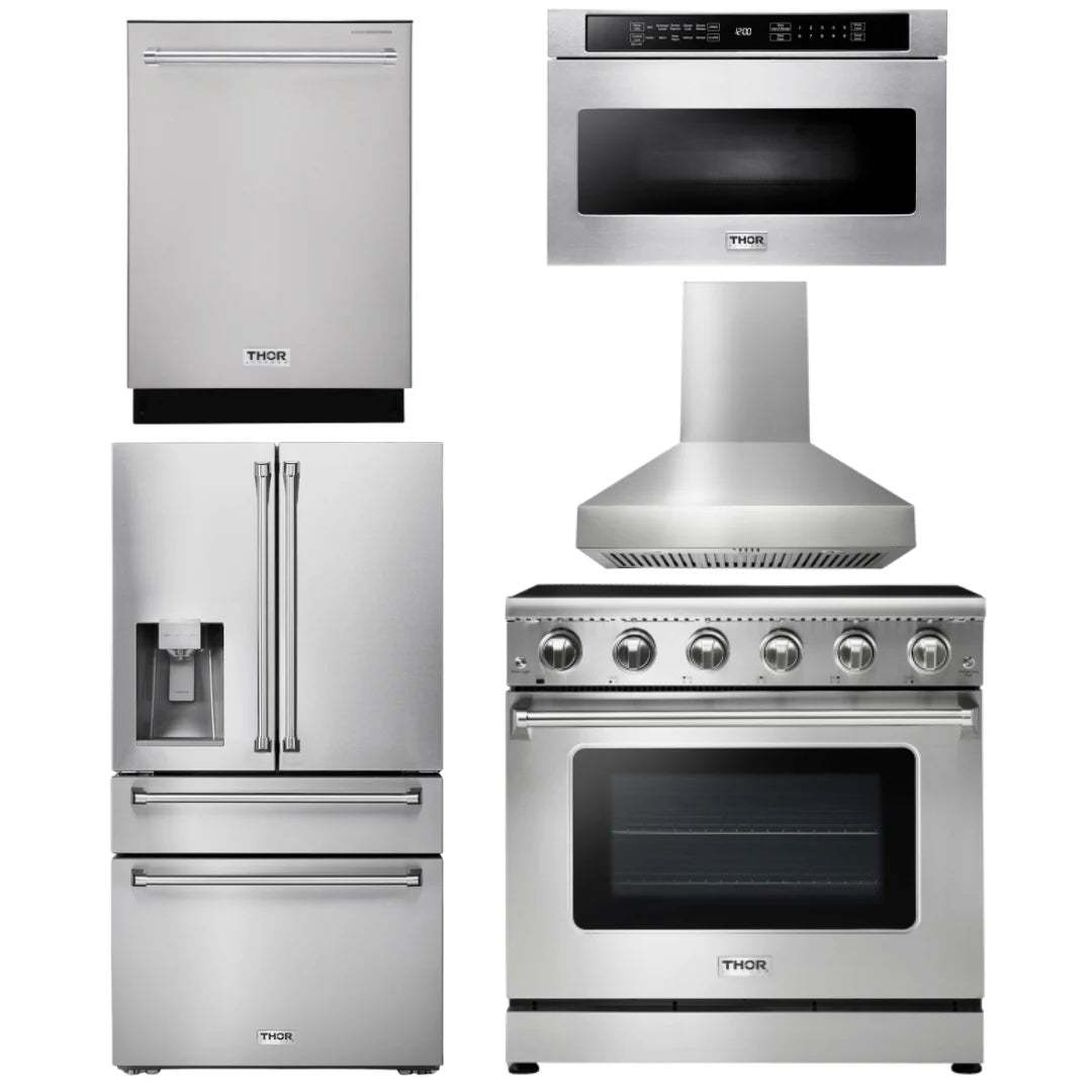 36 Electric Range, Range Hood, Microwave, Refrigerator, Dishwasher E436