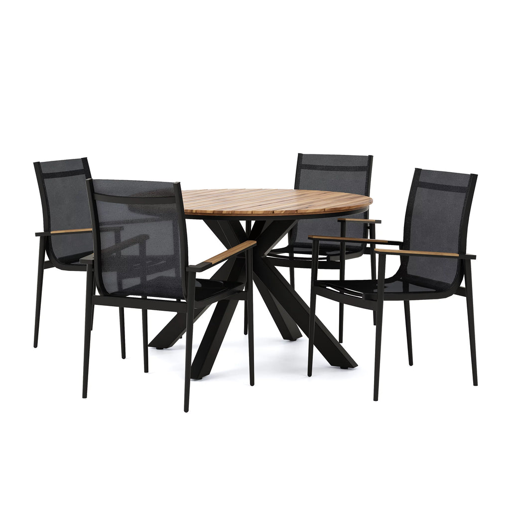 Black and Teak 5 Piece Mesh and Acacia Wood Dining Set E9996