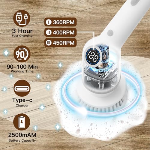 Cordless Electric Spin Scrubber with 8 Replaceable Brush Heads Y61238