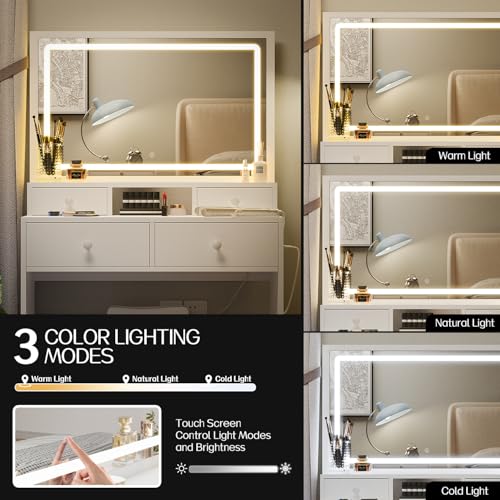 White Vanity Desk with Lighted Mirror and Charging Station H44138