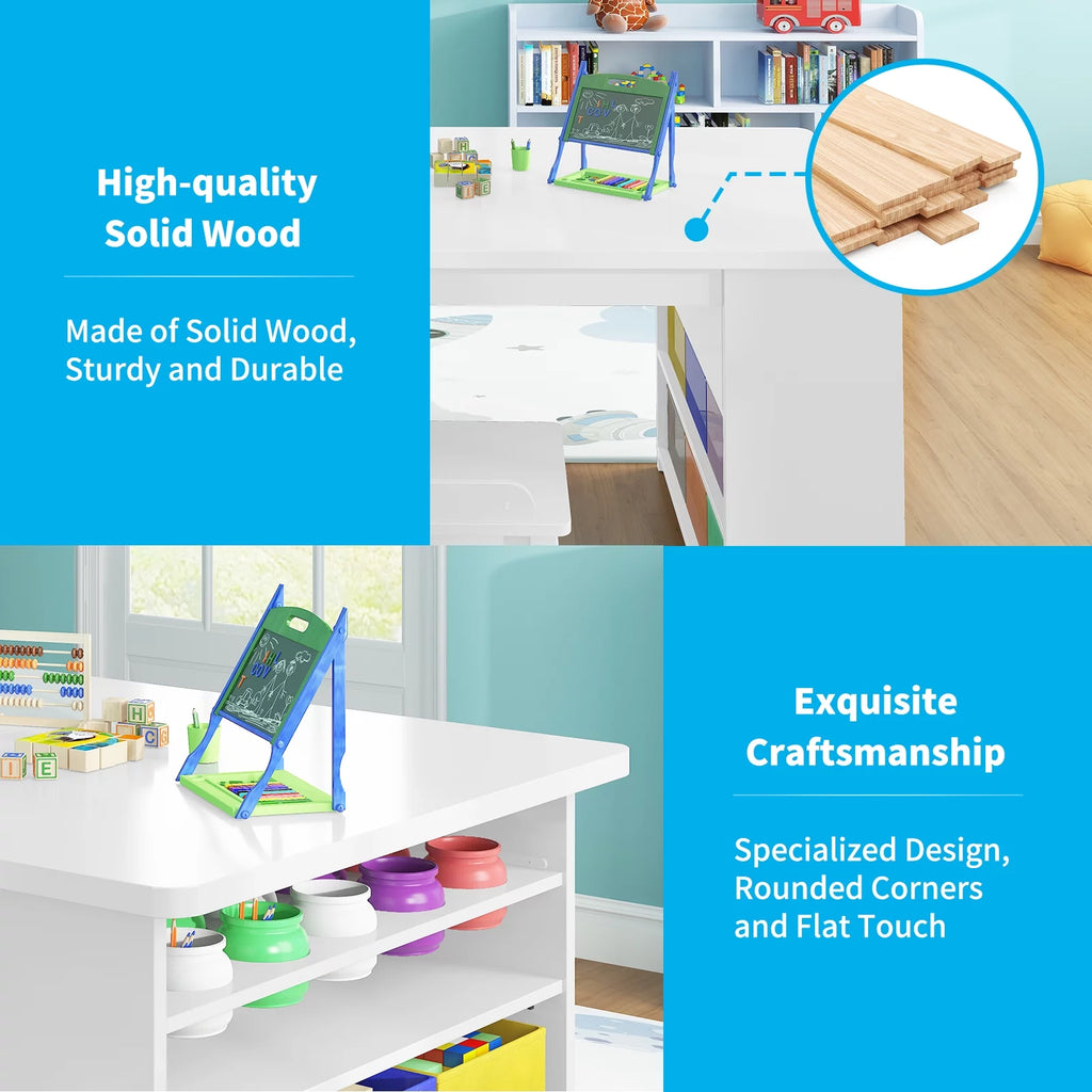 Kids' Art Table and Stools Set, Wooden Drawing Desk with Paper Roller and Storage Bins T77399