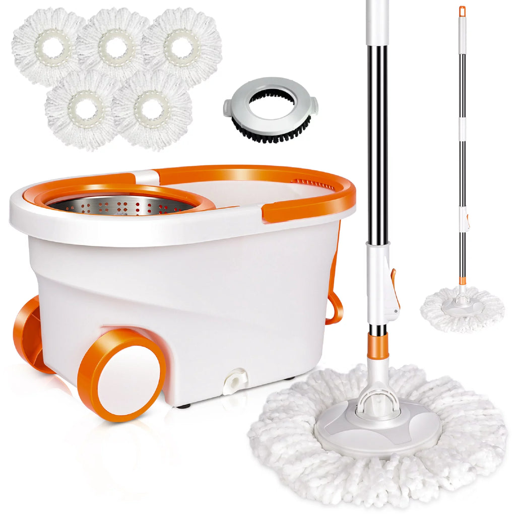 Spin Mop and Bucket System with Wringer Set, 6 Microfiber Mop Heads N167