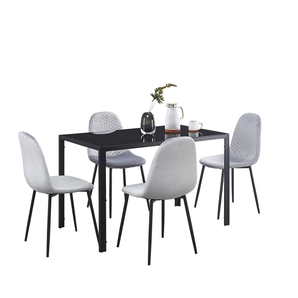 5 Piece Glass Dining Table Set with 4 Velvet Chairs E221470