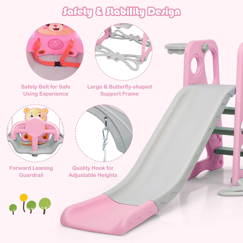4-in-1 Toddler Climber and Swing Set with Basketball Hoop Pink V27059