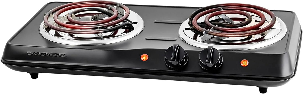 Electric Countertop Double Burner 1700W Stainless Steel Coil Black T700114