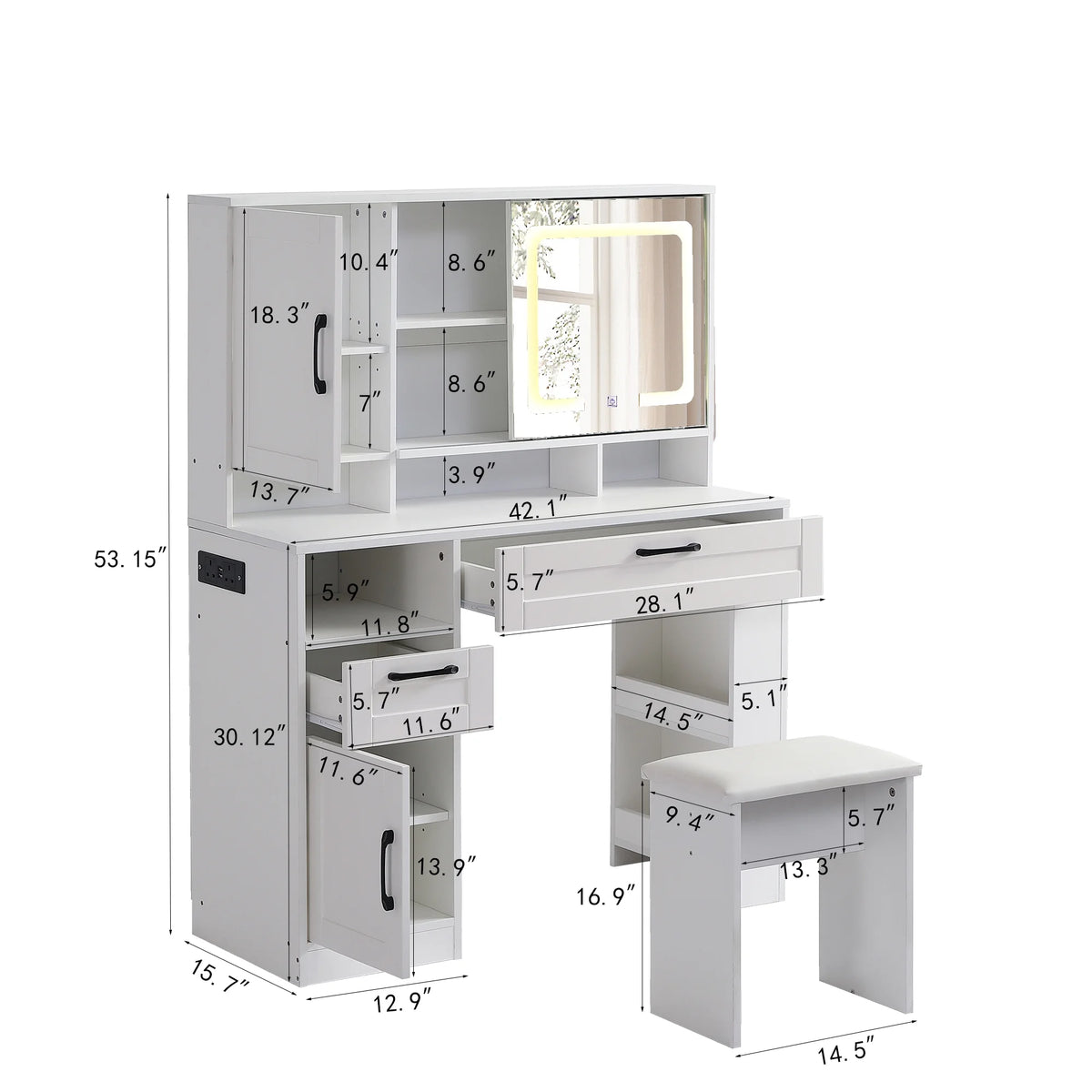 White Vanity Table with Lighted Mirror and Stool Y399362