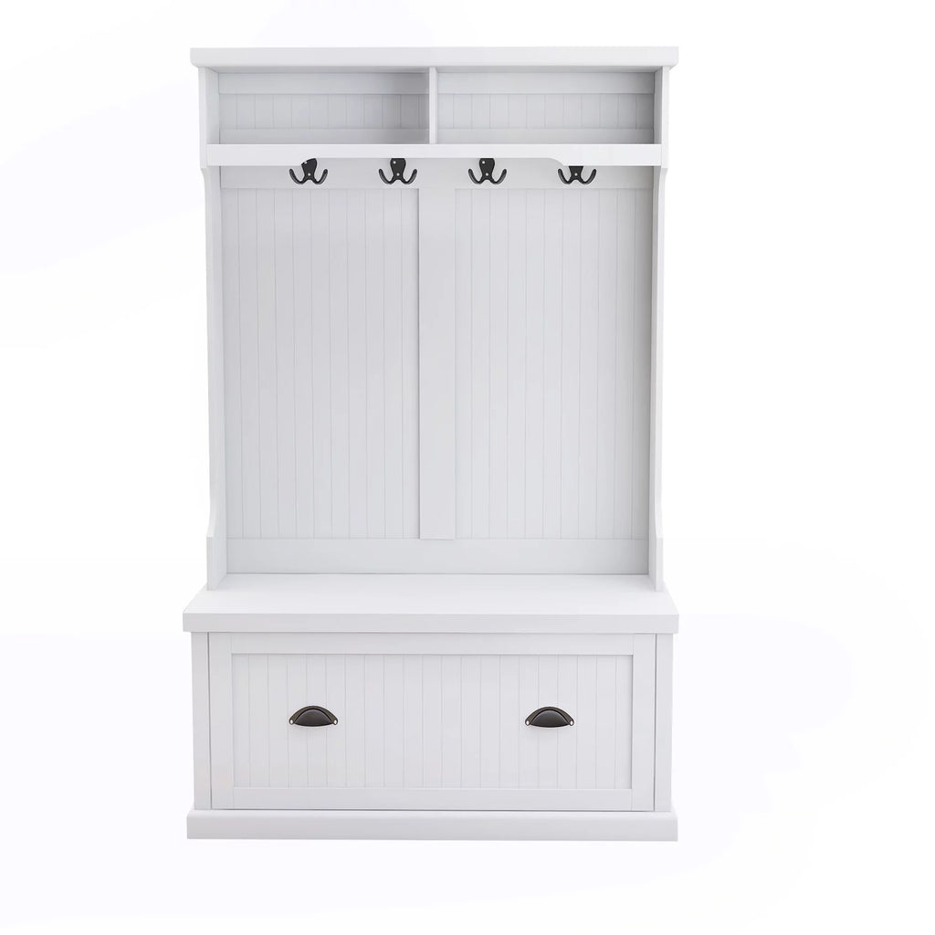 White Entryway Hall Tree with Coat Rack and Storage Bench T248275
