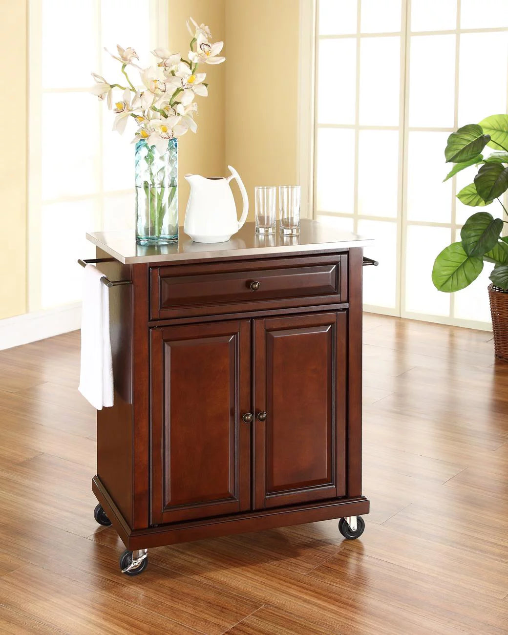 Wood Portable Kitchen Cart in Mahogany/Silver C58759